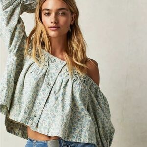 New Free People James Blue Floral Button Down Swing Smock Top Small